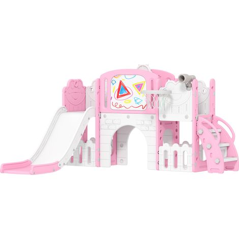 AIYAPLAY tobogán infantil 7 en 1 temática de rana con aro de baloncesto, túnel, pizarra, telescopio de juguete, escalador y cajas, para 1-3 años, rosa