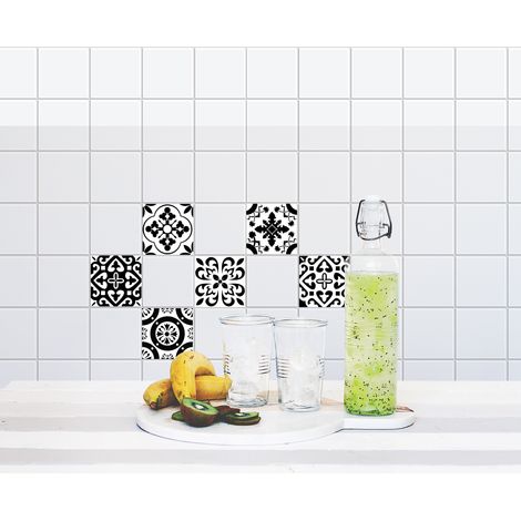 Sticker carrelage adhésif lessivable x4, 15x15cm, 4 carreaux graphiques noir et blanc, décor classique pour salle de bain, cuisine, etc. (1/2)