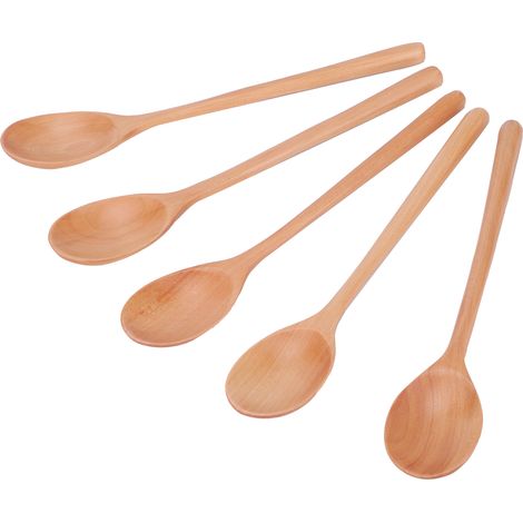 Ensemble de 5 cuillères à soupe en bois, manche long, idéal pour les barbecues, le camping, les fêtes et la cuisine (couleur bois).