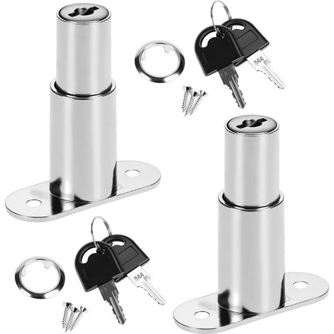 Lot de 2 serrures à cylindre poussoir pour porte coulissante, 32 mm, avec clé, cylindre Ø 19 mm, pour classeurs, tiroirs, argent (1/5)
