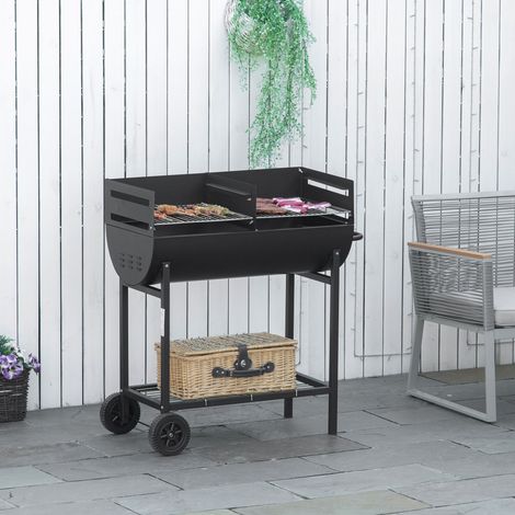 Barbecue a carbone Outsunny con altezza regolabile, barbecue portatile da esterno con supporto e ruote, 90x45x96 cm, nero
