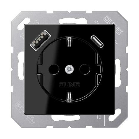 Jung Toma de corriente SCHUKO®, 16 A 250 V , con cargador USB, 1 x Typ A + 1 x Typ C, SAFETY+, Serie A, schwarz A 1520-15 CA SW