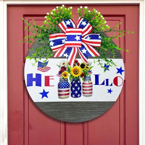 Guirlande Porte - Panneau Accueil En Bois Ronde - Décoration Patriote 4 Juillet - Pour Porte D'Entrée Extérieure - 1 Pièce (1/5)