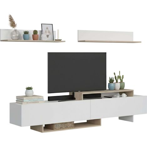 Mueble de TV, Mueble de salón 200 cm Orlis Comedor 2 Puertas Abatibles, 2 Estantes Pared Blanco mate y Roble Artesano