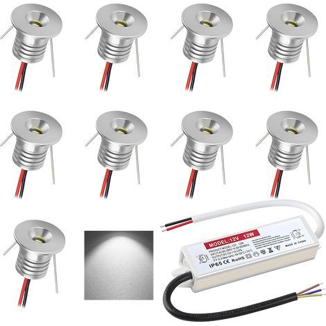 Set of 9 Recessed LED Spotlights, 1W 12V IP65 Aluminum, 16mm Hole, for Kitchen, Staircase, Cabinet (1/5)