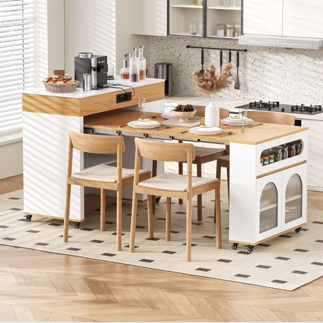 Isla de cocina FloraGrace, extensible, con almacenaje, MDF blanco/natural, 110,5 x 50,5 x 95,5 cm (1/5)