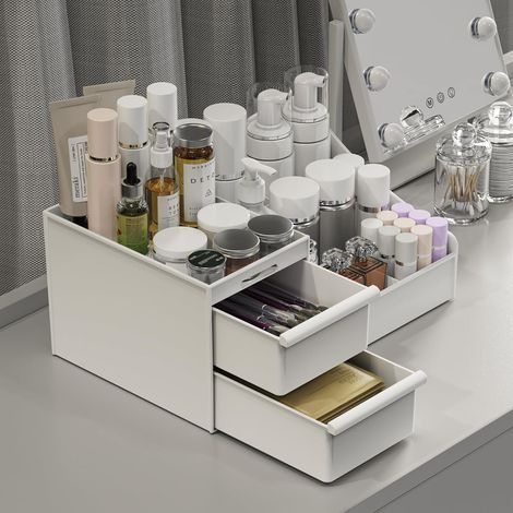 Rangement Maquillage et 2 Tiroirs, Grande Capacité Organisateur Maquillage Pour Dresser, Salle de Bain, Boite a Maquillage, Rangement Salle de Bain, Rangement Skincare (Blanc) (1/5)