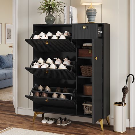 Schuhschrank 90 x 25 x 121 cm in Schwarz mit 3 Klappen und 1 Tür für Stiefel, Platz für 20–25 Paar Schuhe, Wellenfront und Metallgriffen