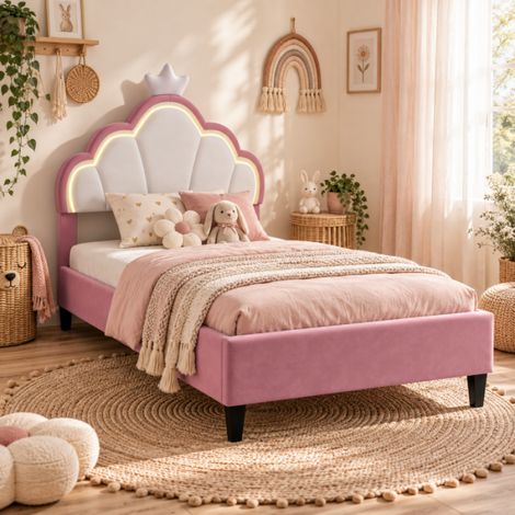 Lit Filles rembourré,lit princesse enfant 90x190 Lit simple,Cadre de lit d'Enfant et d'Ado avec LED, tête de lit Couronne et réglable en Hauteur,Rose+Blanc (1/5)