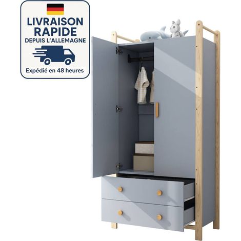 Armario infantil - Armario de dos puertas con barra para colgar ropa y 2 cajones - Madera con certificación PEFC - 90×45×180 cm (1/5)