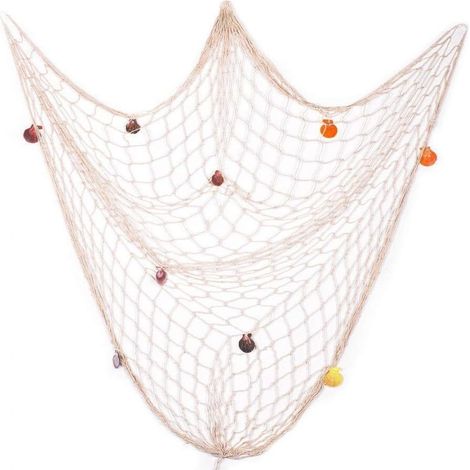 Filet De Pêche - Décoration Murale Méditerranéenne - 150 x 200 cm - Beige - Avec Coquillages Colorés - 1 Pièce (1/5)