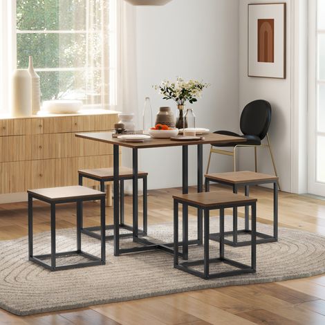 Ensemble de 5 pièces : table et chaises de salle à manger de style industriel moderne. Bois et métal. Coloris noir et bois.