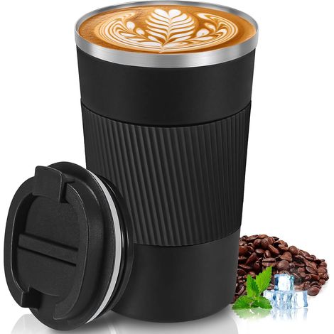 Schwarzer Thermobecher für Kaffee, Reisebecher aus Edelstahl 304, Autobecher mit Deckel, Isolierbecher für heißen und kalten Kaffee, Milch und Tee (510 ml) (1/5)