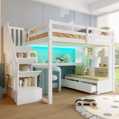 Lit mezzanine 140 x 200 cm blanc avec bureau, étagères, tiroirs et escalier rangements, sans matelas (1/5)