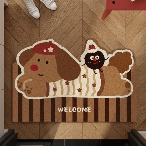 Motif chien mignon, 5080cm, boucle en soie. Tapis d'entrée, paillasson, grattoir à boue, tapis à boucles, motif dessin animé, découpable, tapis antidérapant (1/5)