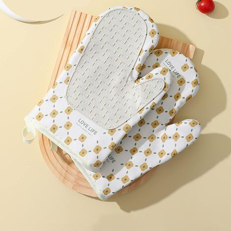 Gants de Four, Lot de 2 Gant de Cuisine Double Couche en Silicone et Coton,Cuire, Griller - Blanc (1/5)