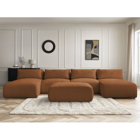 BOBOCHIC - Canapé panoramique fixe modulable avec têtières JANA tissu chiné avec 2 méridiennes, 2 chauffeuses et 1 petit pouf   Orange