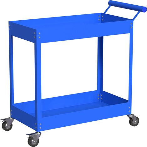 Chariot d'atelier servante 2 étagères, poignée latérale et roues freinables, 84,5x38x84cm, bleu