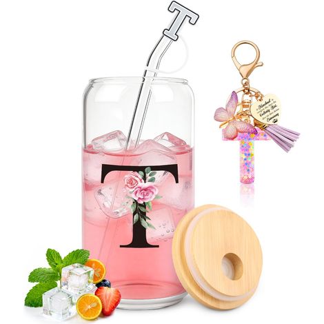 Tasse en verre avec lettre T avec couvercle et paille, cadeaux personnalisés pour les femmes pour un anniversaire, Noël, la Saint-Valentin (1/5)