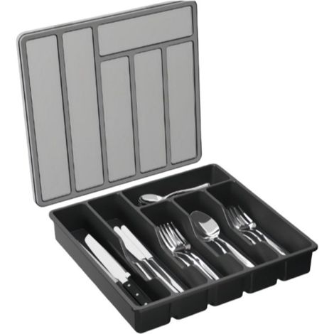 pièce - Boîte de rangement pour couverts - Organisateur pour baguettes, couteaux et fourchettes - avec couvercle - Bac de rangement pour couverts - Noir (1/5)