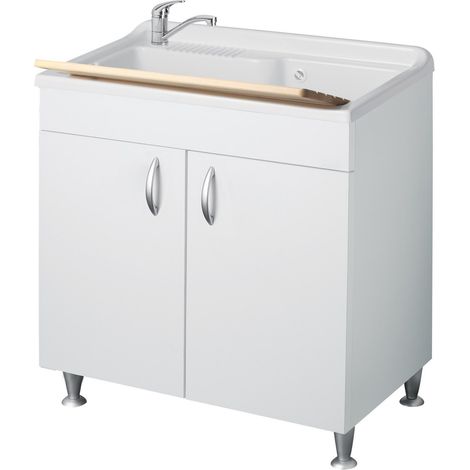 Negrari – Bac à laver avec meuble blanc 45x50 cm – Mélamine hydrofuge – Hauteur 85 cm – Vidange à 35÷45 cm – Pour espaces humides (1/5)