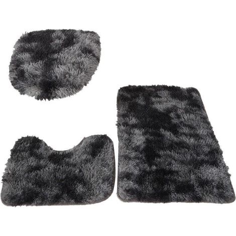 Ensemble de 3 tapis de bain antidérapants et lavables, comprenant un tapis de toilette moelleux, un tapis de bain et un tapis de bassin gris foncé. (1/5)