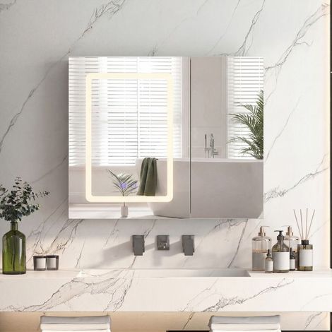 Armario de baño 70 cm LED tricolor - Espejo de doble cara interior, antiempañante y almacenamiento ajustable - 2 puertas modernas (1/5)