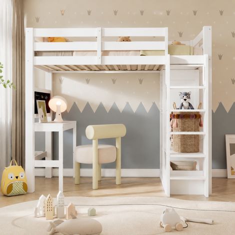 Letto a soppalco 90x200 cm bianco con scrivania, lavagna doppia, armadio aperto, ripiani, protezione anticaduta e scala integrata per bambini - FLORAGRACE (1/5)
