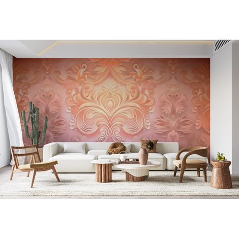 Papier peint rétro - damas classique orange patiné - 150 x 250 cm (1/2)