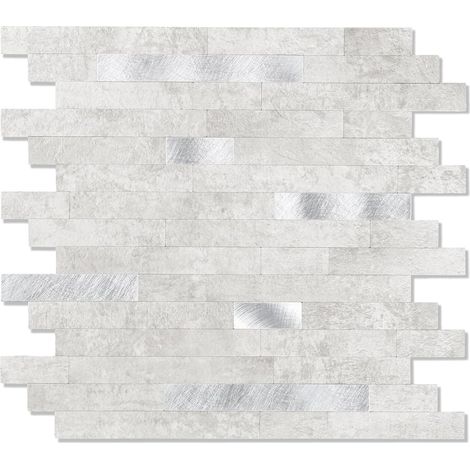 Lot de 10 feuilles de carreaux en bois et métal à décoller et coller pour dosseret de cuisine, salle de bains, buanderie, camping-car, cheminée (30,5 x 30,5 cm, pierre grise) (1/5)