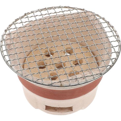 Mini réchaud à charbon portable en céramique brune brute avec grille de cuisson (1/5)