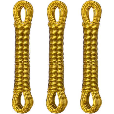 Relaxdays Lot de 3 cordes à linge, 20 m, noyau en acier, PVC, extra solide, à tendre, jaune