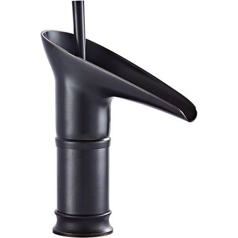 Robinet lavabo cascade monotrou noir mat, montage sur plan vasque, eau chaude/froide, hauteur courte – design moderne et élégant (1/4)