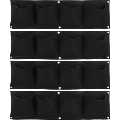 Jardinière Murale extérieure à Suspendre Verticale 4Pcs Plante à 4 Poches, Sac de Culture fixé au Mur, jardinière en Feutre dégradable réutilisable, Herbes, Plantes succulentes(Noir) (1/5)