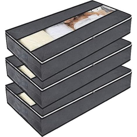 Coffre de rangement sous le lit en 3 pièces, sac de rangement pour vêtements de 90 L, sac de rangement pliable en non-tissé avec poignée renforcée et fermeture éclair, fenêtre transparente pour couett (1/5)