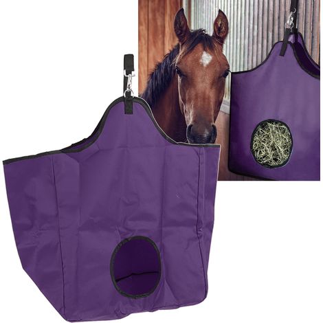 Sac à foin en tissu Oxford pour chevaux, portable et idéal pour l'extérieur, avec anneaux métalliques, violet. (1/5)