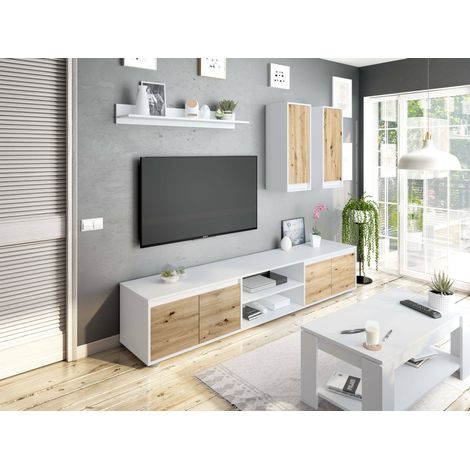 Dmora – Ensemble de meubles de salon – Composition moderne 200x40h114 cm – Bois lamellé blanc et chêne – Meuble TV avec étagères et portes battantes (1/5)