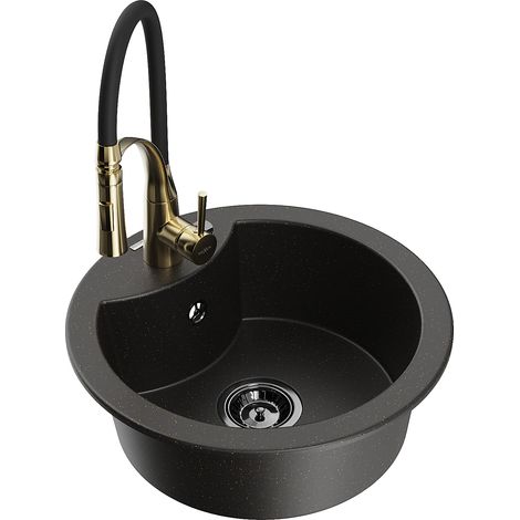Mexen Diego lavello in granito 1-vasca con rubinetto cucina Aster, nero/oro metallico - 6512-75-73450-57-B (1/5)