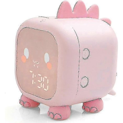 Réveil numérique dinosaure tricolore mignon, réveil de chevet pour enfants, appareil d'apprentissage du sommeil pour enfants, veilleuse, rose. (1/5)