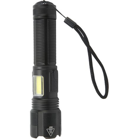 Extrem helle, zoombare, wasserdichte (IPX4), per USB aufladbare Taschenlampe mit COB-Seitenbeleuchtung, ideal zum Campen und Wandern. (1/5)