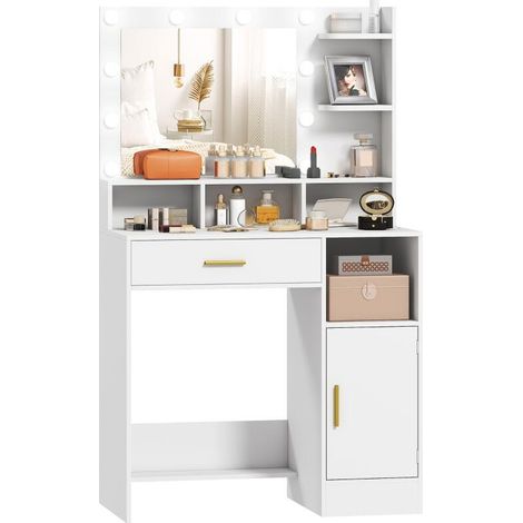 Coiffeuse blanche avec miroir et 10 lumières LED, luminosité réglable, tiroir et étagères ouvertes, 80x40x135cm (1/5)