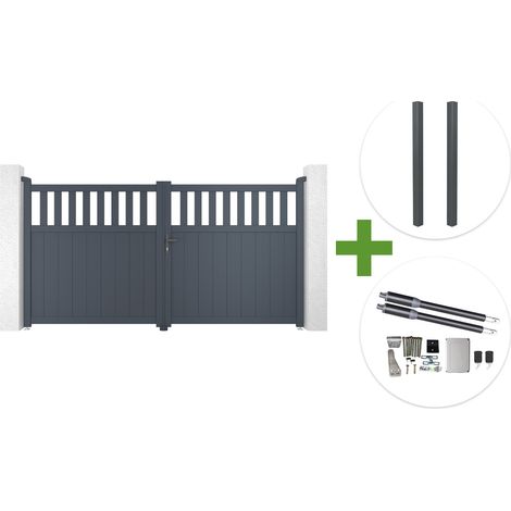 Portail battant 3m SANTIS H.160cm aluminium gris + 2 poteaux ELDA aluminium gris 15x15cm + motorisation Ranger B150 (1/5)