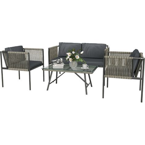 Ensemble de Jardin 4 Pièces avec Table en Verre, Canapé, Fauteuils et Cousins, Structure Acier et Rotin Synthétique Gris (1/5)