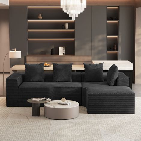 Divano angolare compresso a 3 posti,in tessuto velluto a coste,imbottitura in schiuma ad alta densità,non richiede montaggio,per soggiorno,270x152x59cm,nero