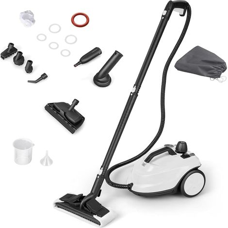 Nettoyeur Vapeur Polyvalent de 2000W avec 13 Accessoires et Manomètres, Balai Vapeur à Roulettes 5 Bars avec Réservoir de 1,8 L, Blanc (1/5)