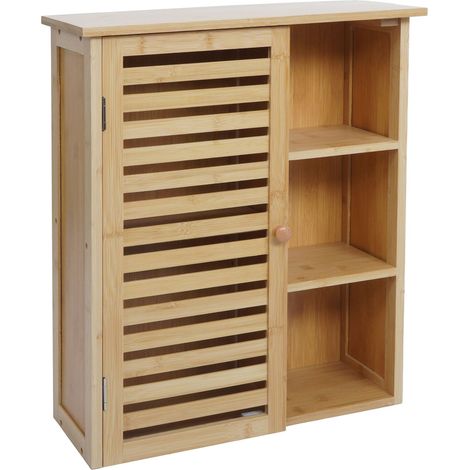 Armoire suspendue HWC-O73, armoire de salle de bain, porte, compartiments de rangement, bambou, 60 x 50 x 19 cm (1/5)