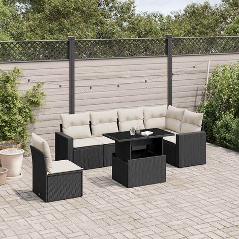 Muebles de exterior -  Set de sofás de jardín 7 pzas con cojines ratán sintético negro (1/5)