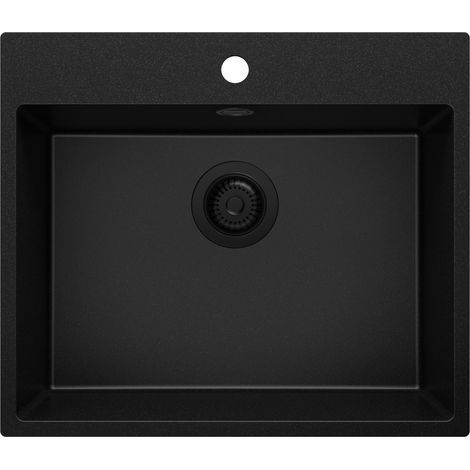 PRIMAGRAN Evier Cuisine en Granit 58x50cm, Lavabo 1 bac + Kit de Vidage, Évier à Encastrer au meuble 60cm - Riga, Tout Noir
