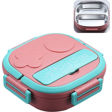 Boîte bento en acier inoxydable 2/3 compartiments, étanche, avec fourchette, pour adulte et enfant, rose – DELKEVIC (1/5)