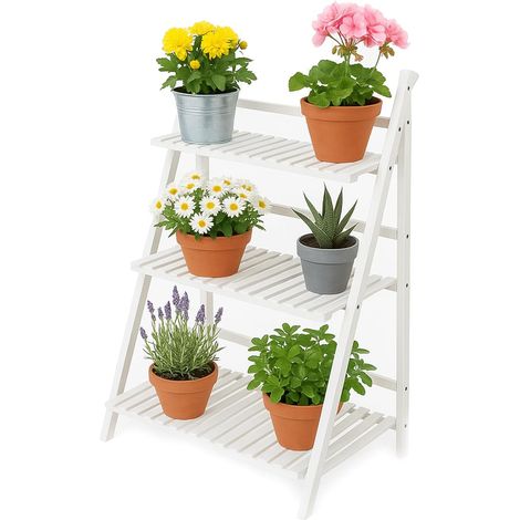 Étagère à Fleurs en Bois, Support de Plantes à 3 Niveaux, Porte-Pots Intérieur et Extérieur, Blanc, 70 cm de Largeur (1/5)